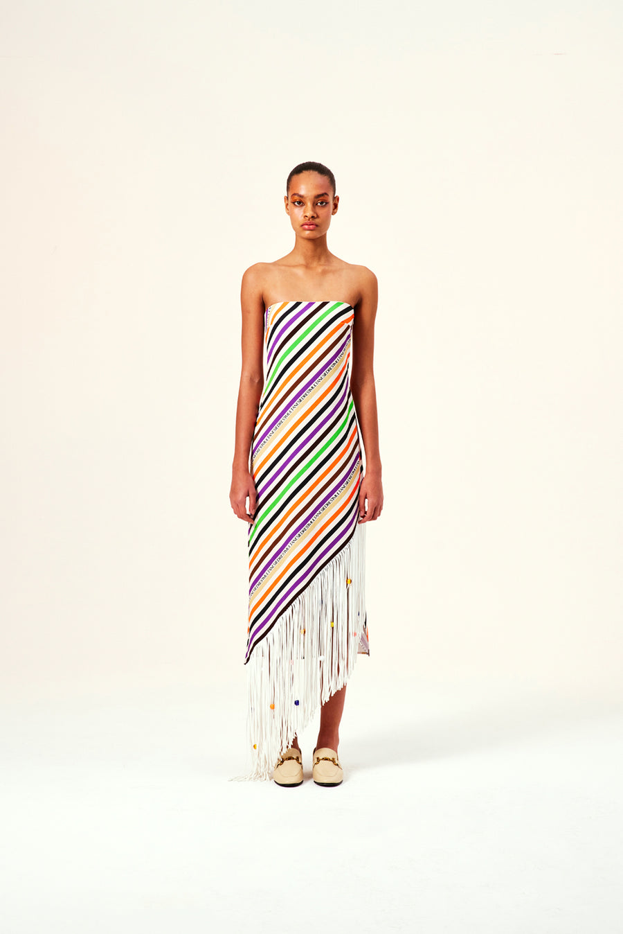 JOELL - Diagonal striped maxi dress with fringe