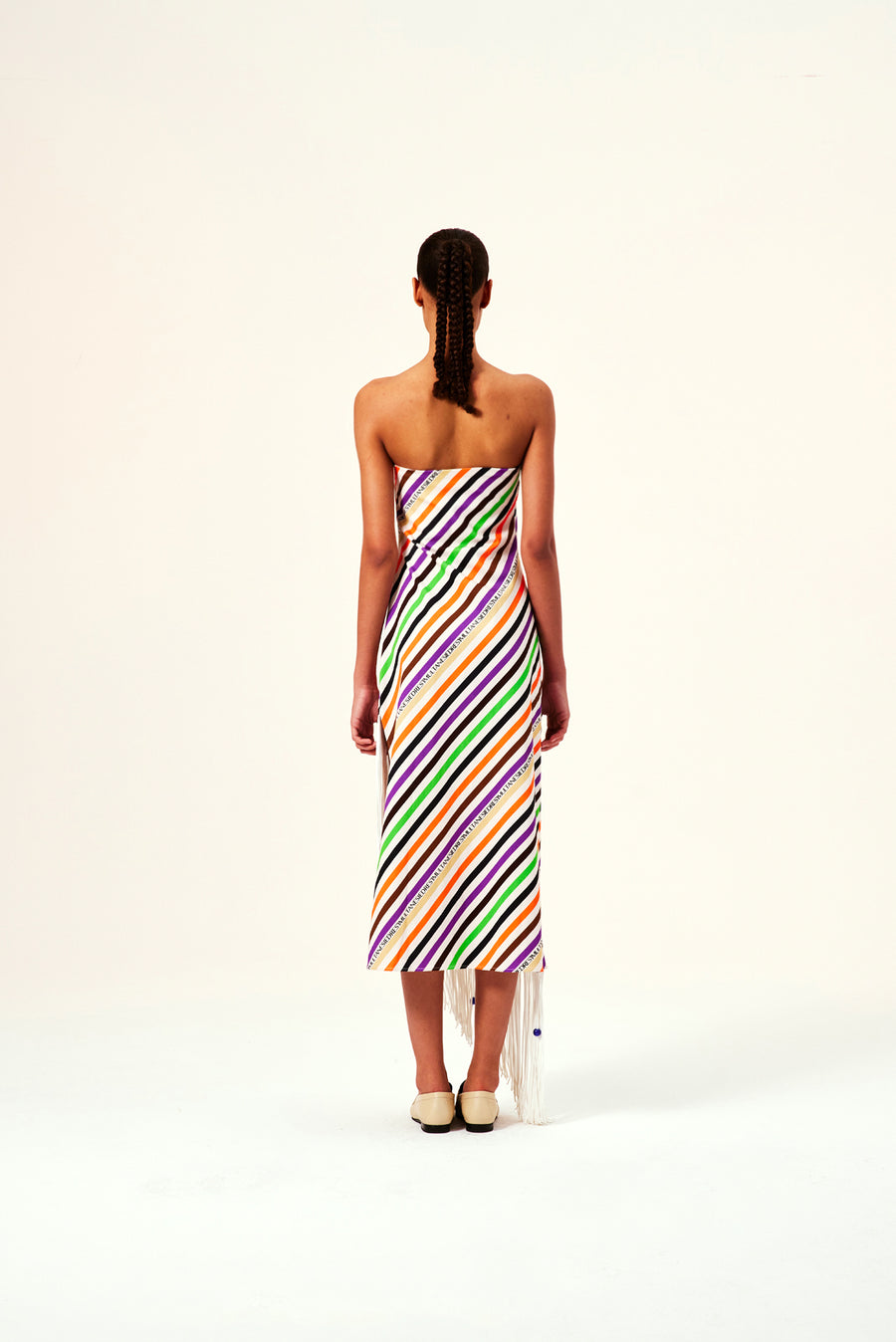 JOELL - Diagonal striped maxi dress with fringe